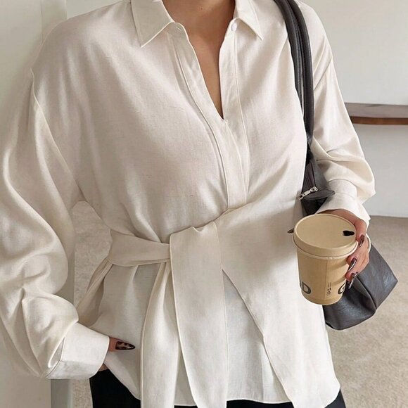 Plus Size White Casual Women's Long Sleeve Turndown Collar Shirt - Picture 9 of 9